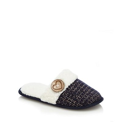 Navy knitted sherpa trim mule slippers